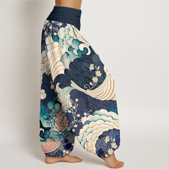 Pantalones harén con cintura elástica para mujer con estampado de ondas florales y Buddha Stones - image 10