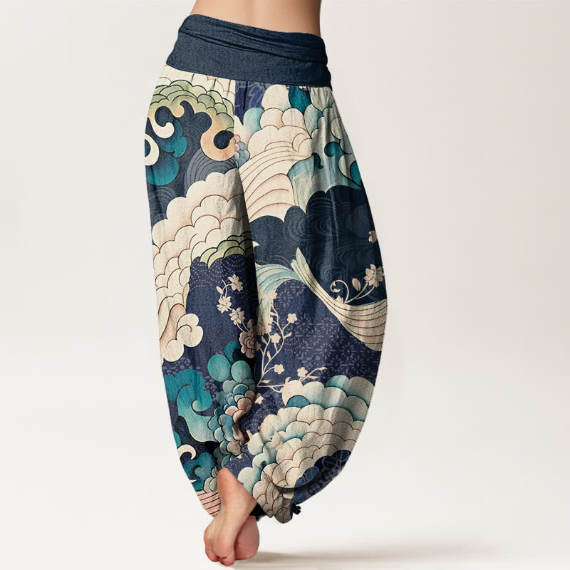 Pantalones harén con cintura elástica para mujer con estampado de ondas florales y Buddha Stones - image 9