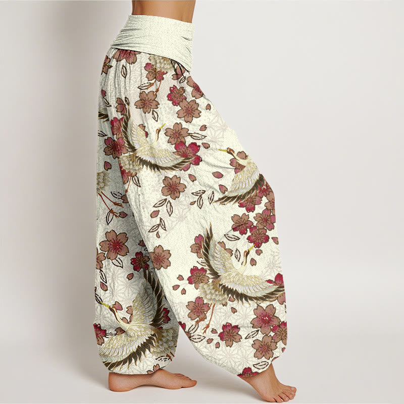 Pantalones harén con cintura elástica para mujer con estampado de flor de melocotón y grulla de Buddha Stones - image 7