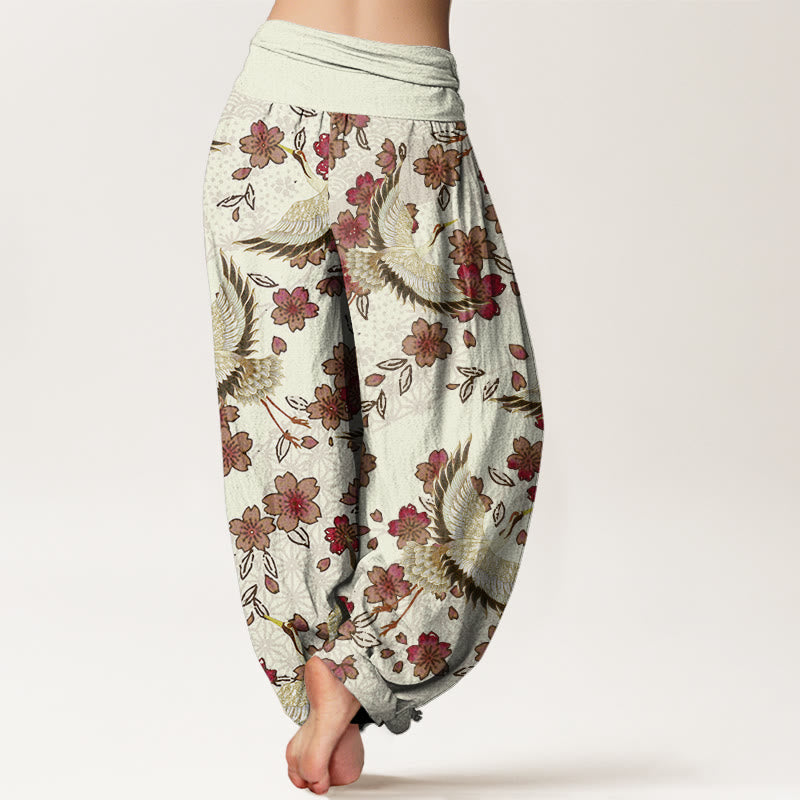 Pantalones harén con cintura elástica para mujer con estampado de flor de melocotón y grulla de Buddha Stones - image 6
