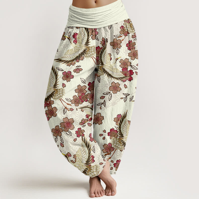 Pantalones harén con cintura elástica para mujer con estampado de flor de melocotón y grulla de Buddha Stones - Barba de maíz - US22，UK/AU26，EU54 (6XL) - image 5