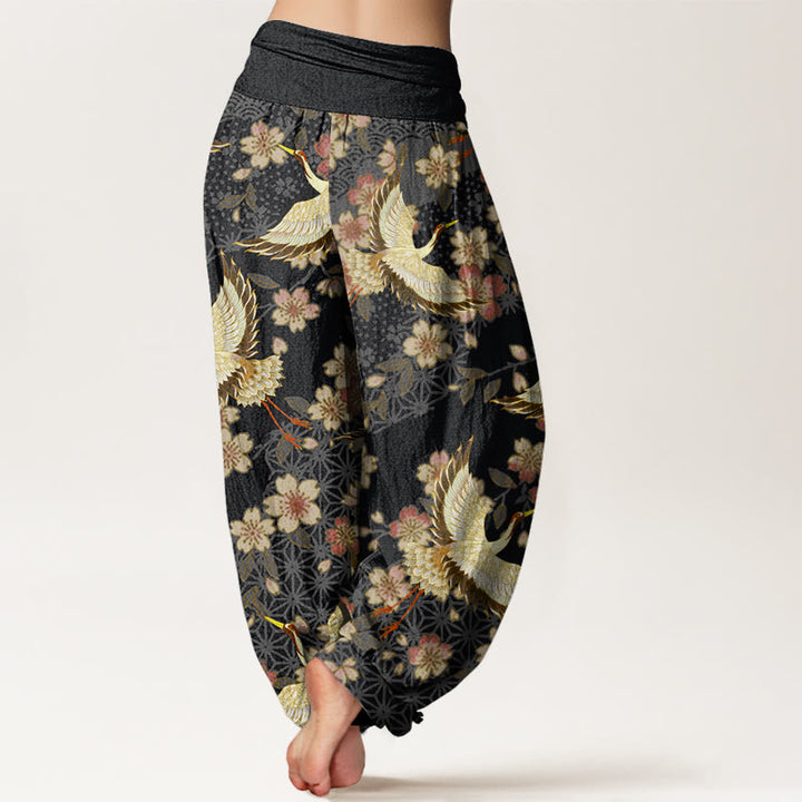 Pantalones harén con cintura elástica para mujer con estampado de flor de melocotón y grulla de Buddha Stones - image 9