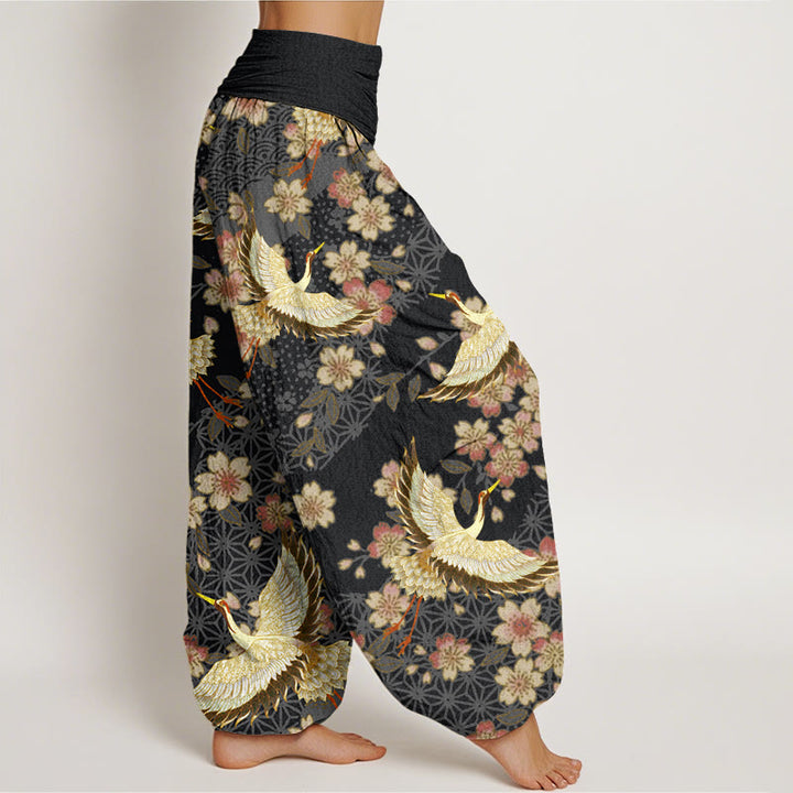 Pantalones harén con cintura elástica para mujer con estampado de flor de melocotón y grulla de Buddha Stones - image 10