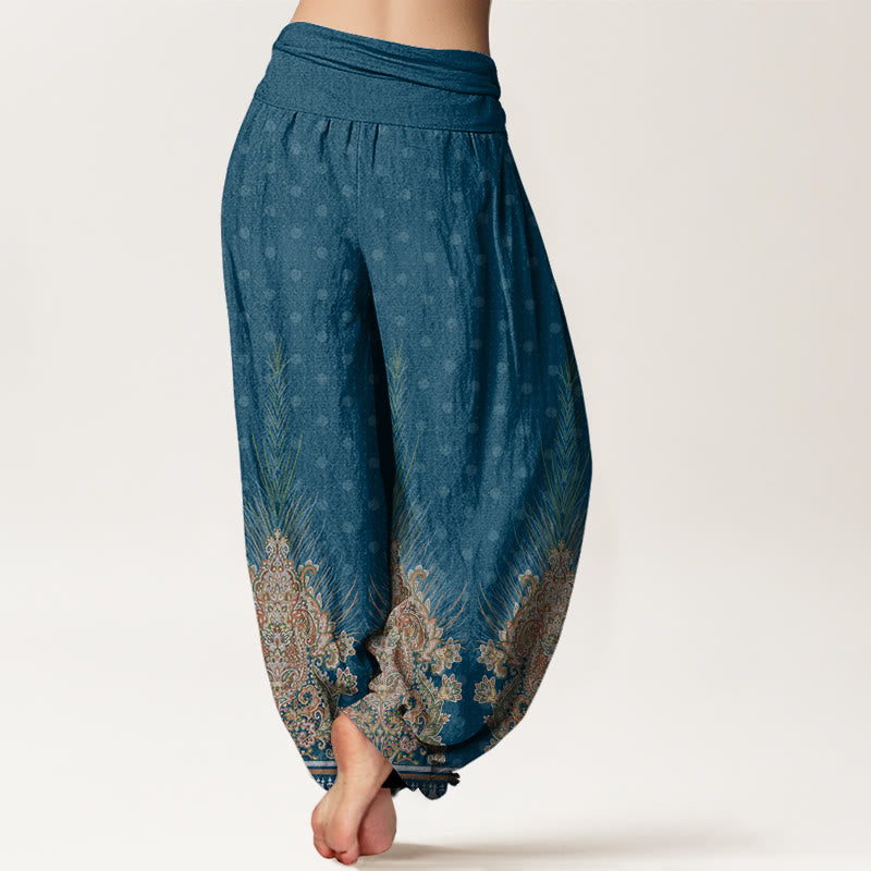 Pantalones harén con cintura elástica para mujer con estampado floral de pavo real étnico y Buddha Stones - image 2