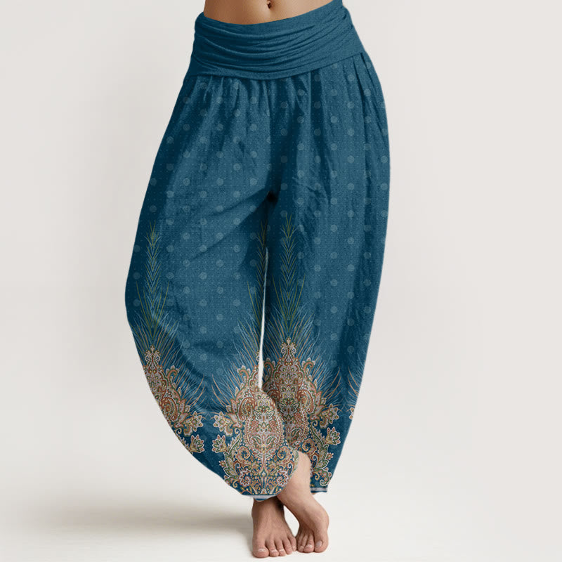 Pantalones harén con cintura elástica para mujer con estampado floral de pavo real étnico y Buddha Stones - Verde azulado - US22，UK/AU26，EU54 (6XL) - image 1