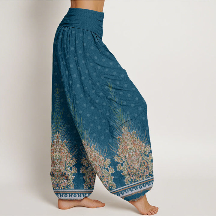 Pantalones harén con cintura elástica para mujer con estampado floral de pavo real étnico y Buddha Stones - image 3