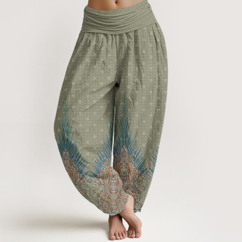 Pantalones harén con cintura elástica para mujer con estampado floral de pavo real étnico y Buddha Stones - Verde mar oscuro - US22，UK/AU26，EU54 (6XL) - image 5
