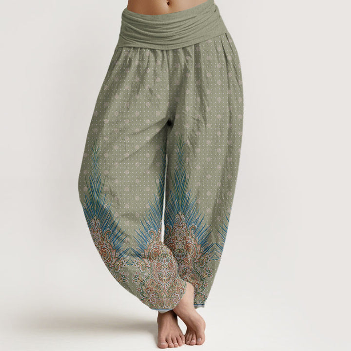 Pantalones harén con cintura elástica para mujer con estampado floral de pavo real étnico y Buddha Stones - Verde mar oscuro - US22，UK/AU26，EU54 (6XL) - image 5
