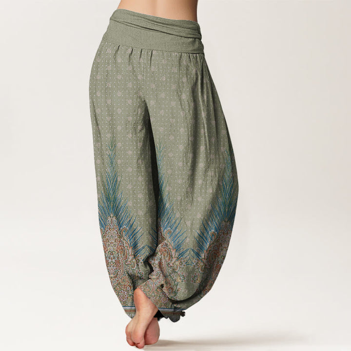 Pantalones harén con cintura elástica para mujer con estampado floral de pavo real étnico y Buddha Stones - image 6