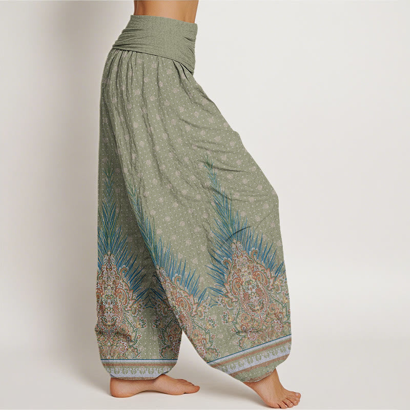 Pantalones harén con cintura elástica para mujer con estampado floral de pavo real étnico y Buddha Stones - image 7