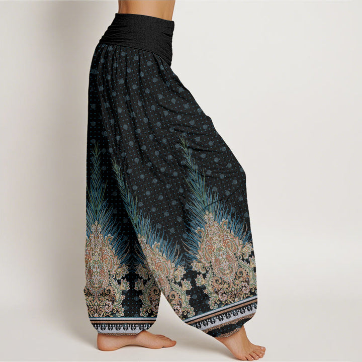 Pantalones harén con cintura elástica para mujer con estampado floral de pavo real étnico y Buddha Stones - image 10