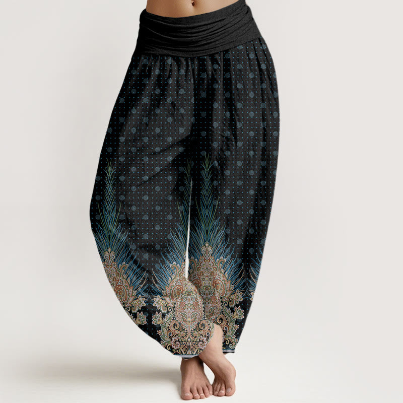 Pantalones harén con cintura elástica para mujer con estampado floral de pavo real étnico y Buddha Stones - Negro - US22，UK/AU26，EU54 (6XL) - image 8