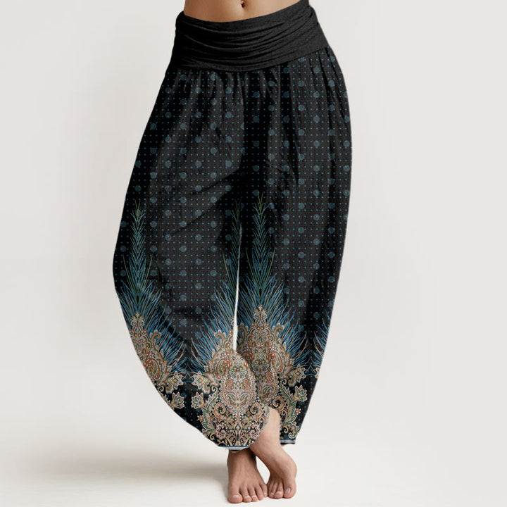 Pantalones harén con cintura elástica para mujer con estampado floral de pavo real étnico y Buddha Stones - Negro - US22，UK/AU26，EU54 (6XL) - image 8