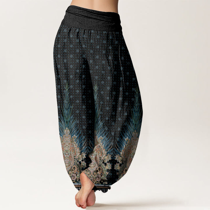 Pantalones harén con cintura elástica para mujer con estampado floral de pavo real étnico y Buddha Stones - image 9