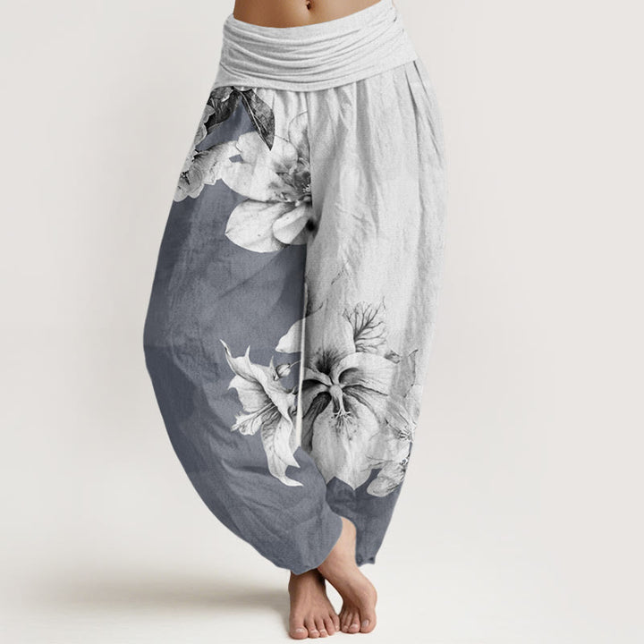 Pantalones harén con cintura elástica para mujer con estampado de camelia y Buddha Stones - Gainsboro - US22，UK/AU26，EU54 (6XL) - image 5