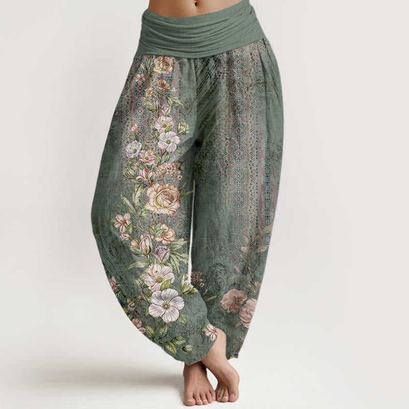 Pantalones harén con cintura elástica para mujer con estampado étnico floral y tótem de Buddha Stones - Verde mar medio - US22，UK/AU26，EU54 (6XL) - image 1