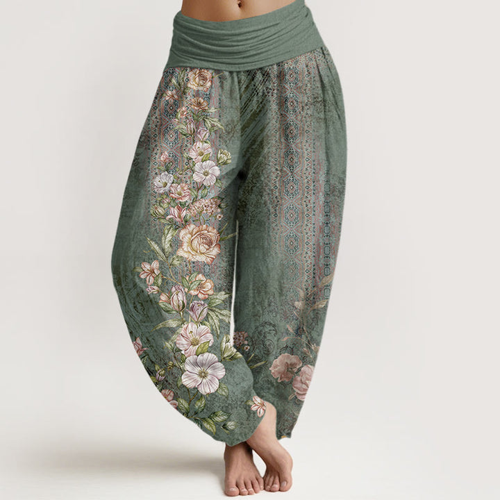 Pantalones harén con cintura elástica para mujer con estampado étnico floral y tótem de Buddha Stones - Verde mar medio - US22，UK/AU26，EU54 (6XL) - image 1