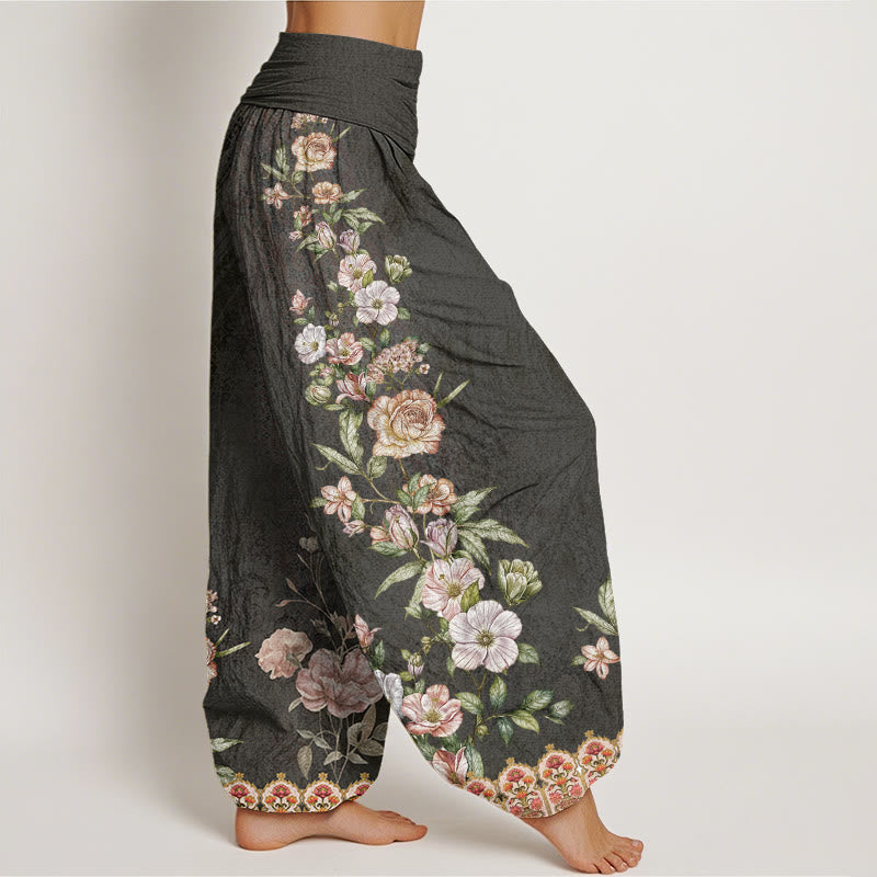 Pantalones bombachos de cintura elástica para mujer con estampado étnico floral y de tótems étnicos de algodón con Buddha Stones - image 9