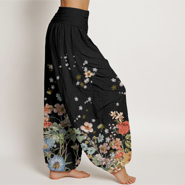 Pantalones harén de cintura elástica para mujer con estampado de varias flores y Buddha Stones - image 3
