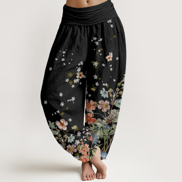 Pantalones harén de cintura elástica para mujer con estampado de varias flores y Buddha Stones - Negro - US22，UK/AU26，EU54 (6XL) - image 1