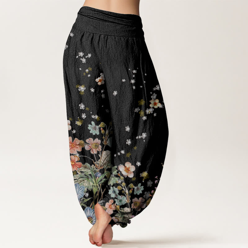 Pantalones harén de cintura elástica para mujer con estampado de varias flores y Buddha Stones - image 2