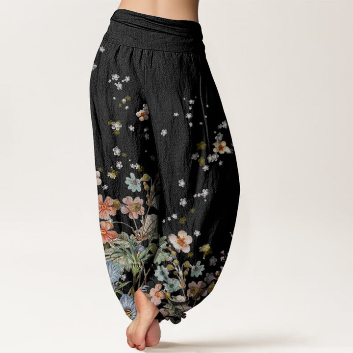 Pantalones harén de cintura elástica para mujer con estampado de varias flores y Buddha Stones - image 2