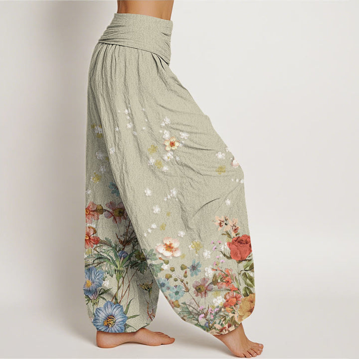 Pantalones harén de cintura elástica para mujer con estampado de varias flores y Buddha Stones - image 7