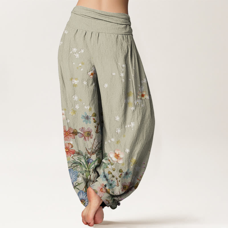 Pantalones harén de cintura elástica para mujer con estampado de varias flores y Buddha Stones - image 6