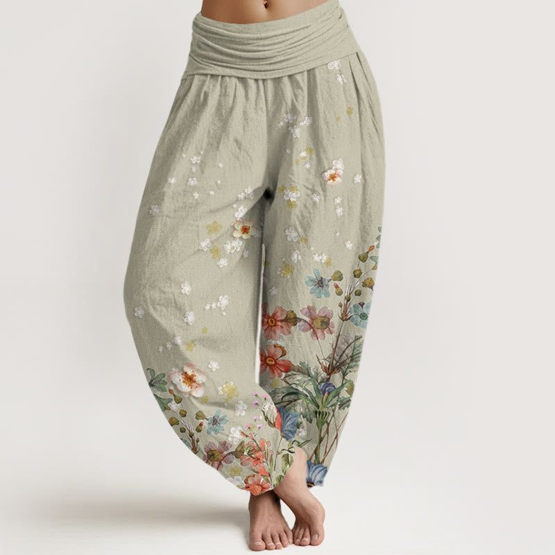 Pantalones harén de cintura elástica para mujer con estampado de varias flores y Buddha Stones - Verde mar oscuro - US22，UK/AU26，EU54 (6XL) - image 5