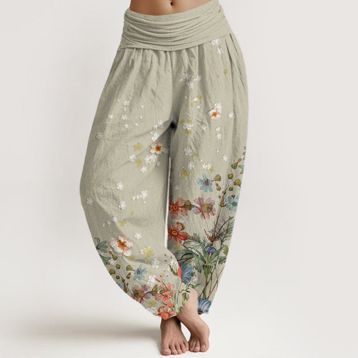 Pantalones harén de cintura elástica para mujer con estampado de varias flores y Buddha Stones - Verde mar oscuro - US22，UK/AU26，EU54 (6XL) - image 5