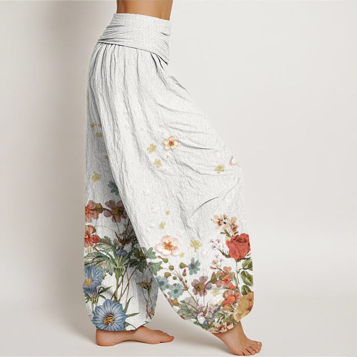Pantalones harén de cintura elástica para mujer con estampado de varias flores y Buddha Stones - image 10