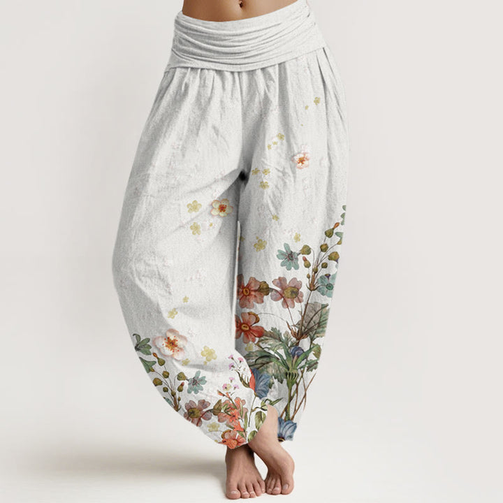 Pantalones harén de cintura elástica para mujer con estampado de varias flores y Buddha Stones - Humo blanco - US22，UK/AU26，EU54 (6XL) - image 8