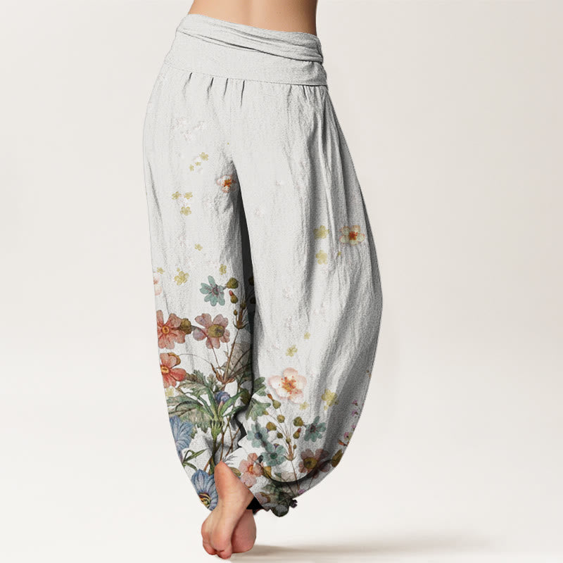 Pantalones harén de cintura elástica para mujer con estampado de varias flores y Buddha Stones - image 9