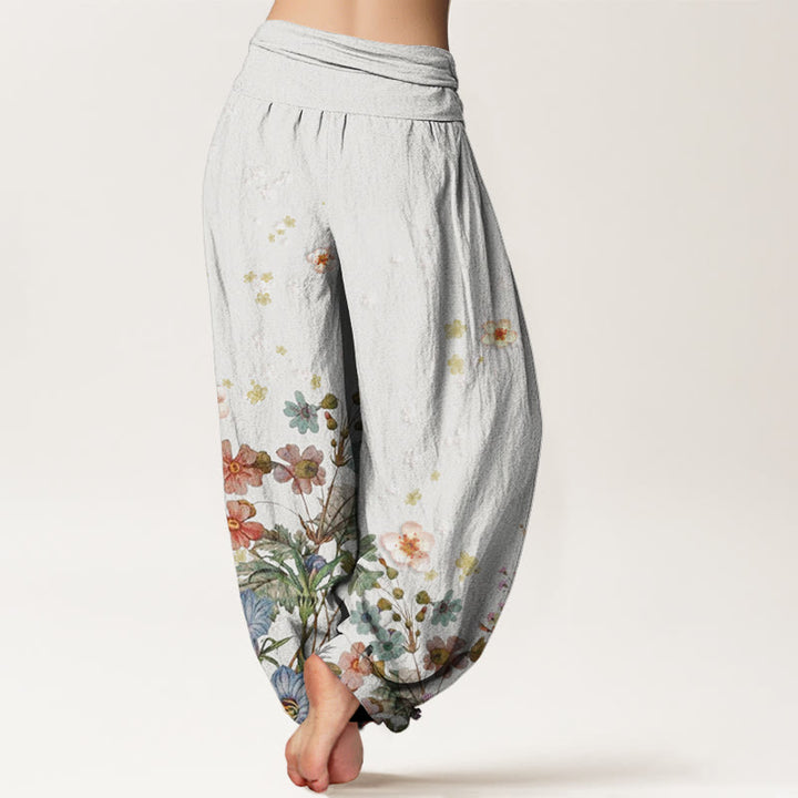 Pantalones harén de cintura elástica para mujer con estampado de varias flores y Buddha Stones - image 9