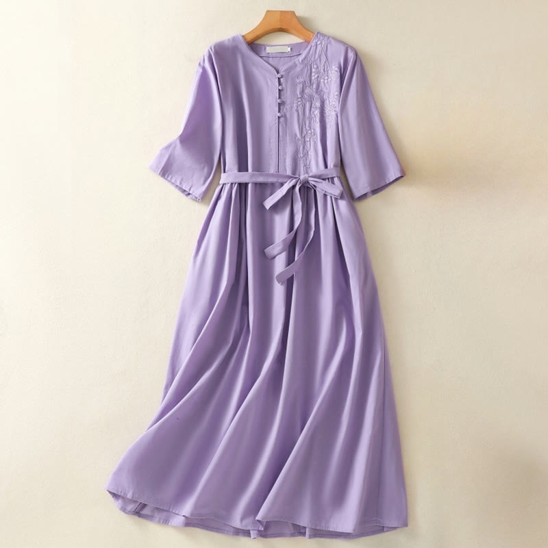 Vestido midi de lino y algodón con cuello en V, media manga y bolsillos, bordado de orquídeas de verano con Buddha Stones - Orquídea - US8-10，UK/AU12-14，EU40-42 (2XL) - image 0