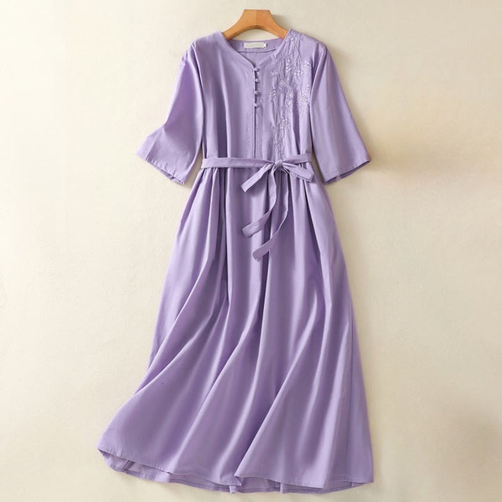 Vestido midi de lino y algodón con cuello en V, media manga y bolsillos, bordado de orquídeas de verano con Buddha Stones - Orquídea - US8-10，UK/AU12-14，EU40-42 (2XL) - image 0