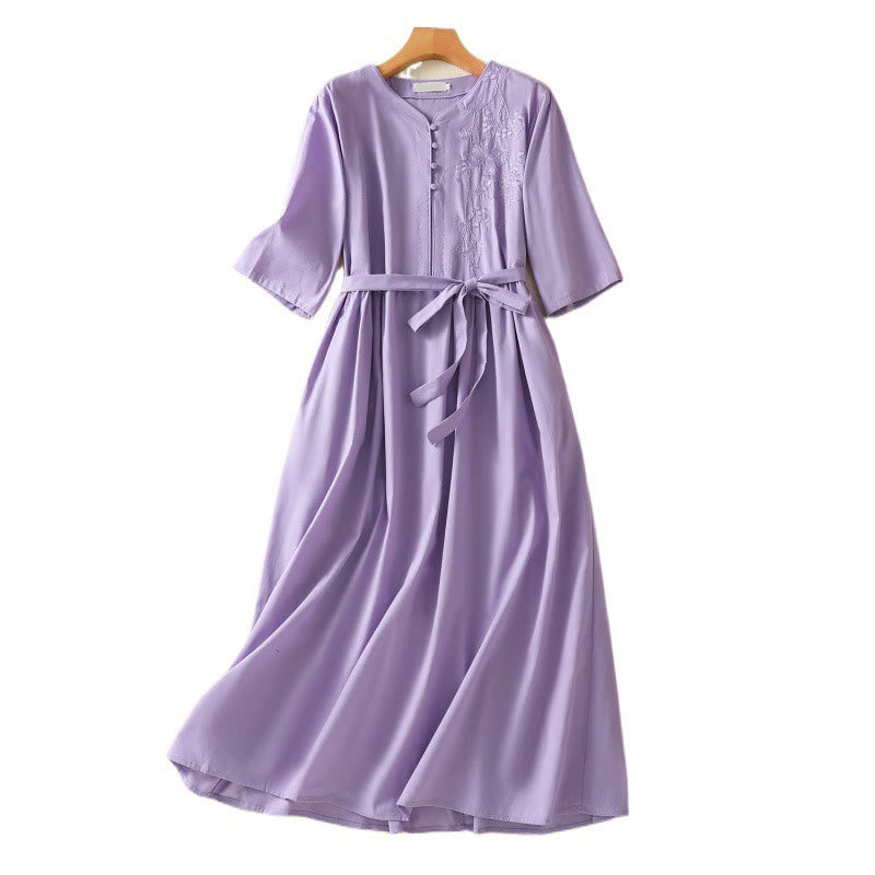 Vestido midi de lino y algodón con cuello en V, media manga y bolsillos, bordado de orquídeas de verano con Buddha Stones - image 14