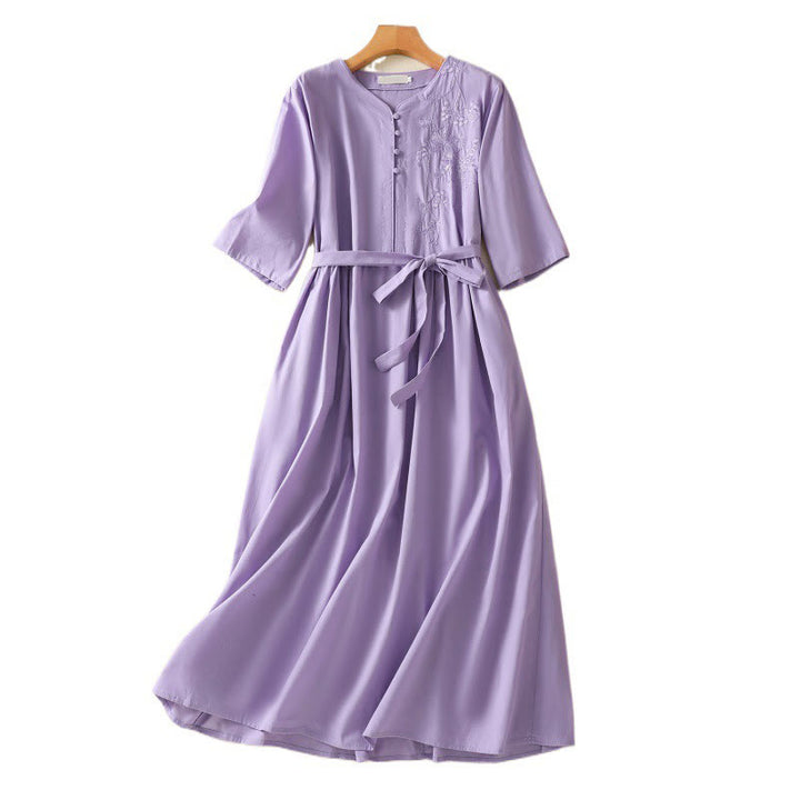 Vestido midi de lino y algodón con cuello en V, media manga y bolsillos, bordado de orquídeas de verano con Buddha Stones - image 14