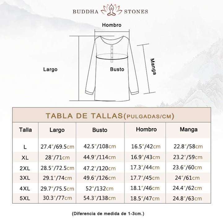 Camisa de lino y algodón con cuello redondo y manga larga plisada informal con Buddha Stones para mujer - image 4