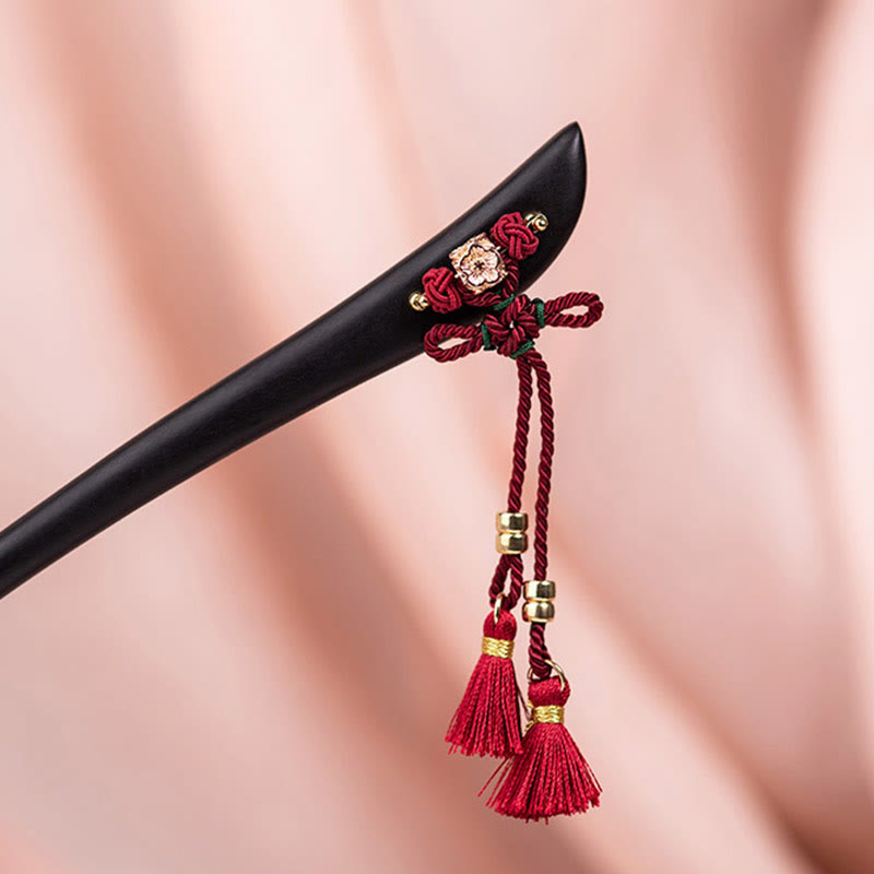 Horquilla protectora con borlas de nudo chino de hilo rojo y ébano con Buddha Stones