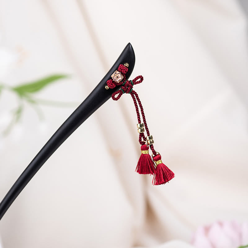 Horquilla protectora con borlas de nudo chino de hilo rojo y ébano con Buddha Stones