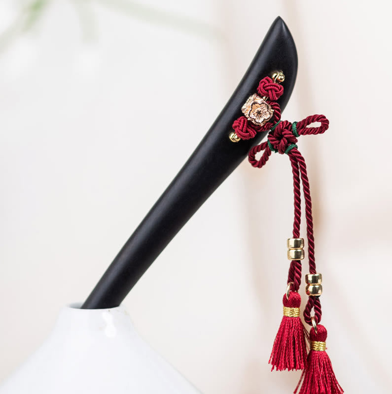 Horquilla protectora con borlas de nudo chino de hilo rojo y ébano con Buddha Stones