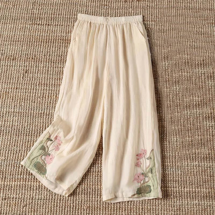 Pantalones anchos para mujer con bolsillos y bordado de flores de loto y hojas de loto de verano con Buddha Stones - Amarillo dorado claro - US14, UK/AU18, EU46 (4XL) - image 0