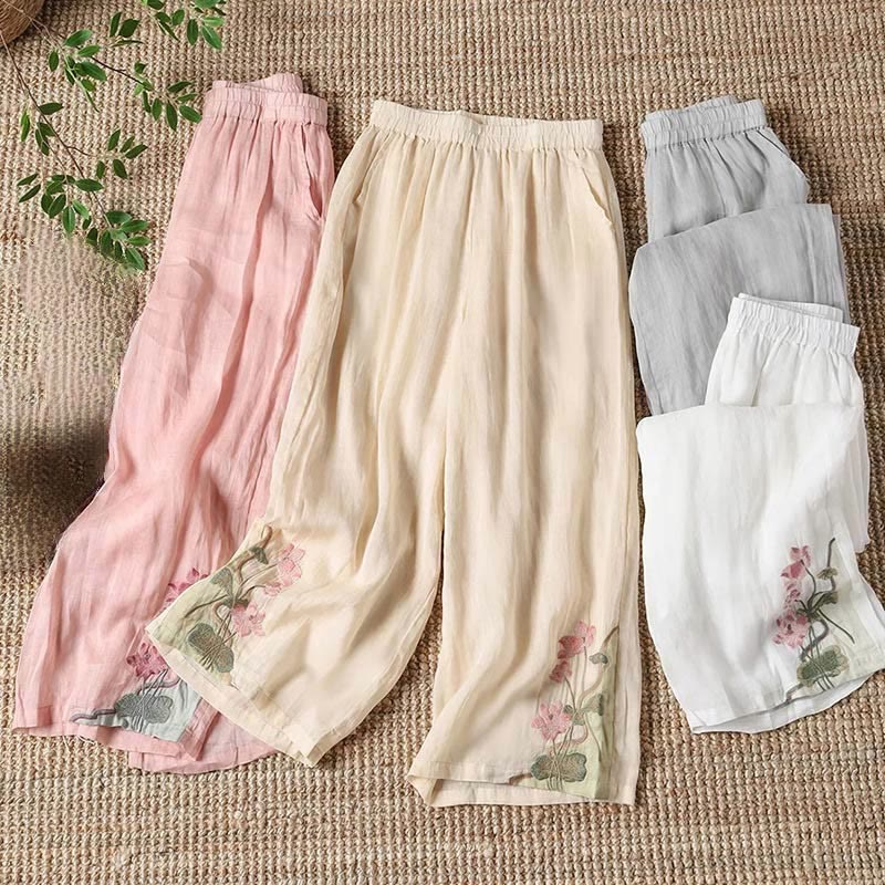Pantalones anchos para mujer con bolsillos y bordado de flores de loto y hojas de loto de verano con Buddha Stones - image 4