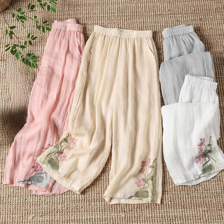 Pantalones anchos para mujer con bolsillos y bordado de flores de loto y hojas de loto de verano con Buddha Stones - image 4