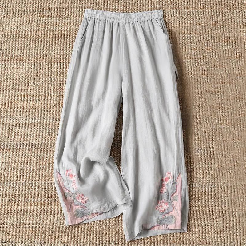 Pantalones anchos para mujer con bolsillos y bordado de flores de loto y hojas de loto de verano con Buddha Stones - Plata - US14, UK/AU18, EU46 (4XL) - image 3
