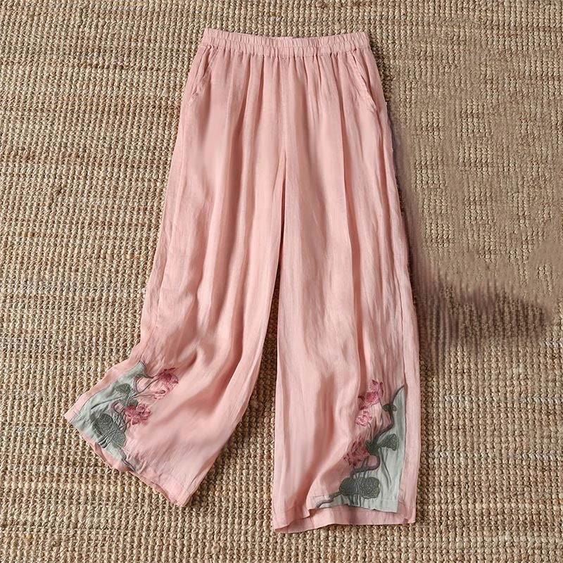 Pantalones anchos para mujer con bolsillos y bordado de flores de loto y hojas de loto de verano con Buddha Stones - rosa claro - US14, UK/AU18, EU46 (4XL) - image 2