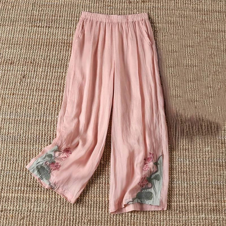 Pantalones anchos para mujer con bolsillos y bordado de flores de loto y hojas de loto de verano con Buddha Stones - rosa claro - US14, UK/AU18, EU46 (4XL) - image 2