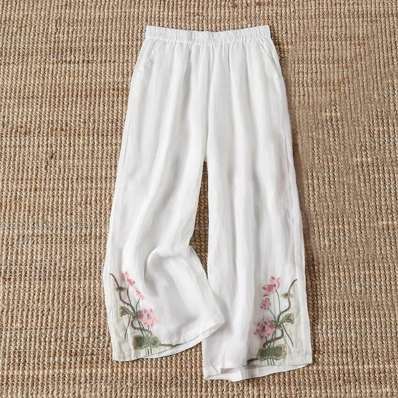 Pantalones anchos para mujer con bolsillos y bordado de flores de loto y hojas de loto de verano con Buddha Stones - Blanco - US14, UK/AU18, EU46 (4XL) - image 1
