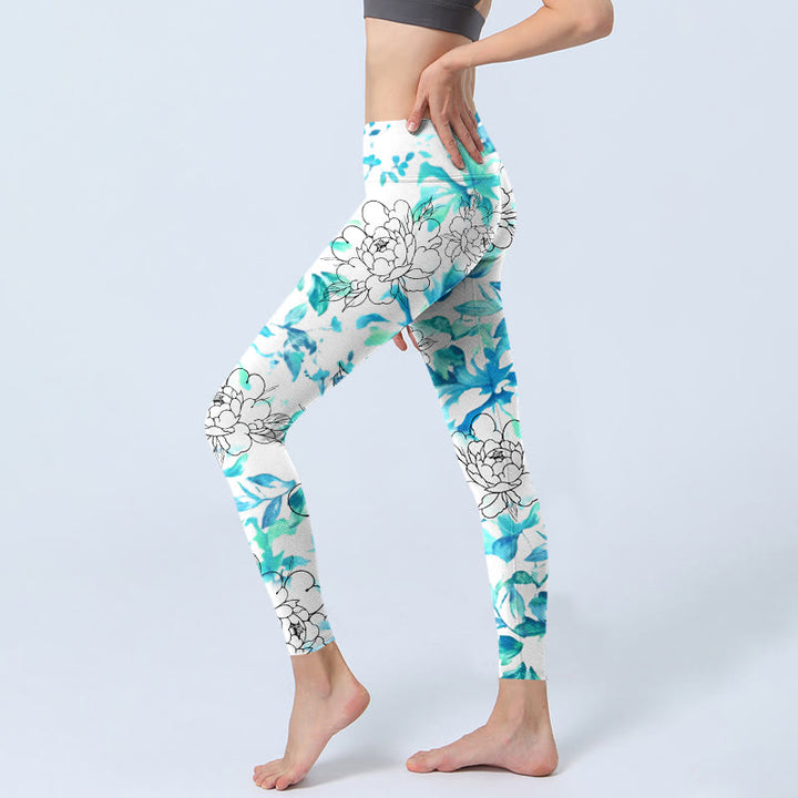 Leggings de yoga para mujer con estampado de líneas de flores de peonía y acuarela azul de Buddha Stones - image 2